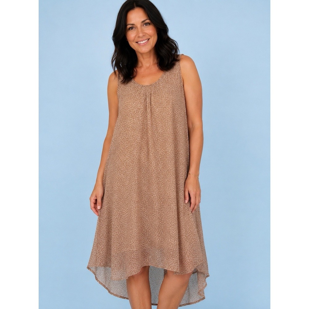Sleeveless Tan Leopard Print Loose Flowing Slinky Tunic Boho Shift Flutter NWT